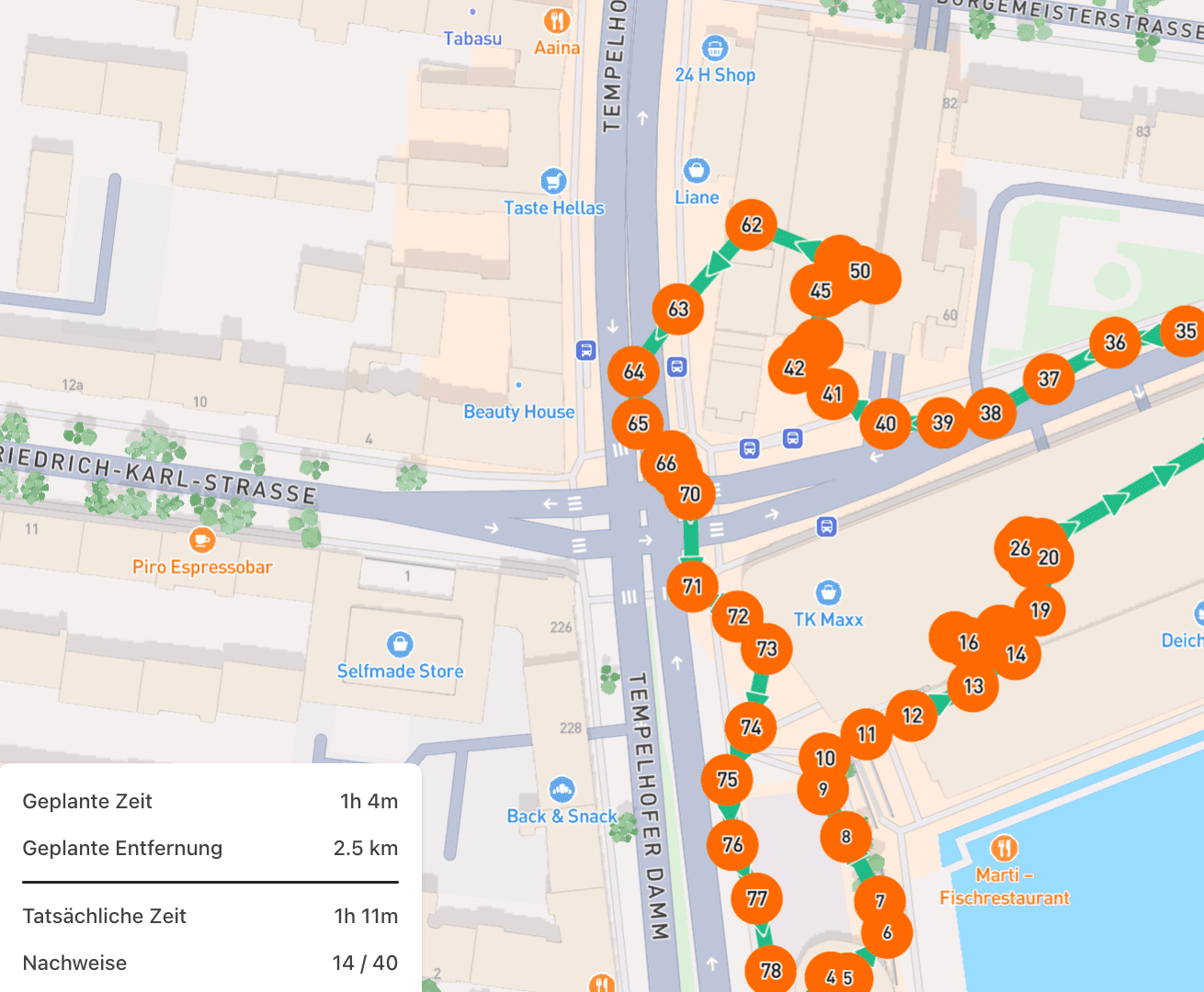 Aufgezeichnete Route mit Standorten