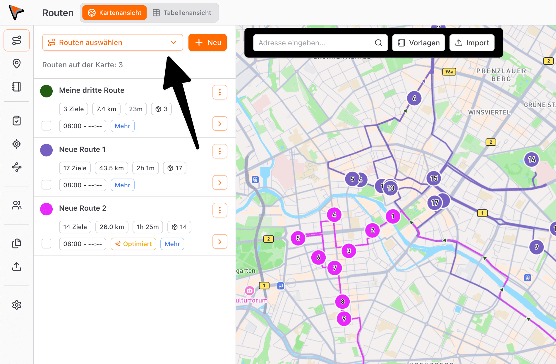 Mehrere Routen auf der Karte anzeigen